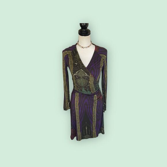 Etro Italy Purple Green Multi Paisley Long Sleeve V-Neck Dress sz 42 M US 6 - Picture 13 of 14